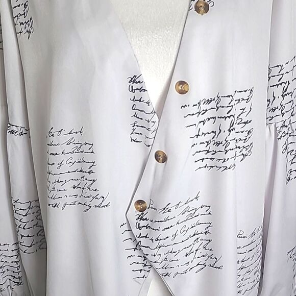 White Cardigan Longsleeve Blouse with Script Lettering, Button Accents, Size XL - Picture 4 of 13